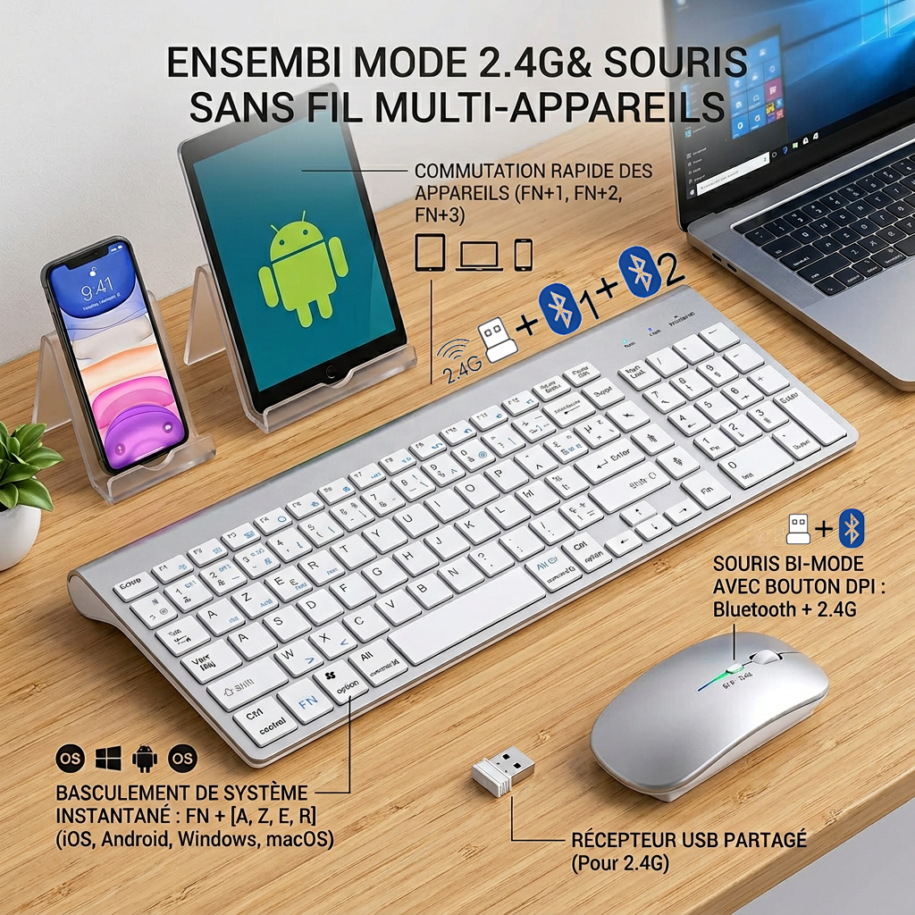 ワイヤレスフランス語キーボード マウス コンボ AZERTY レイアウト デュアル モード 2.4G