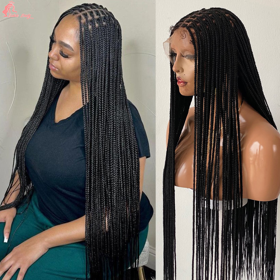 合成無結節ボックス編組ウィッグベビーヘアカラーロングコーンロウ三つ編みかつら女神小さなボックスフルレース編組髪かつら