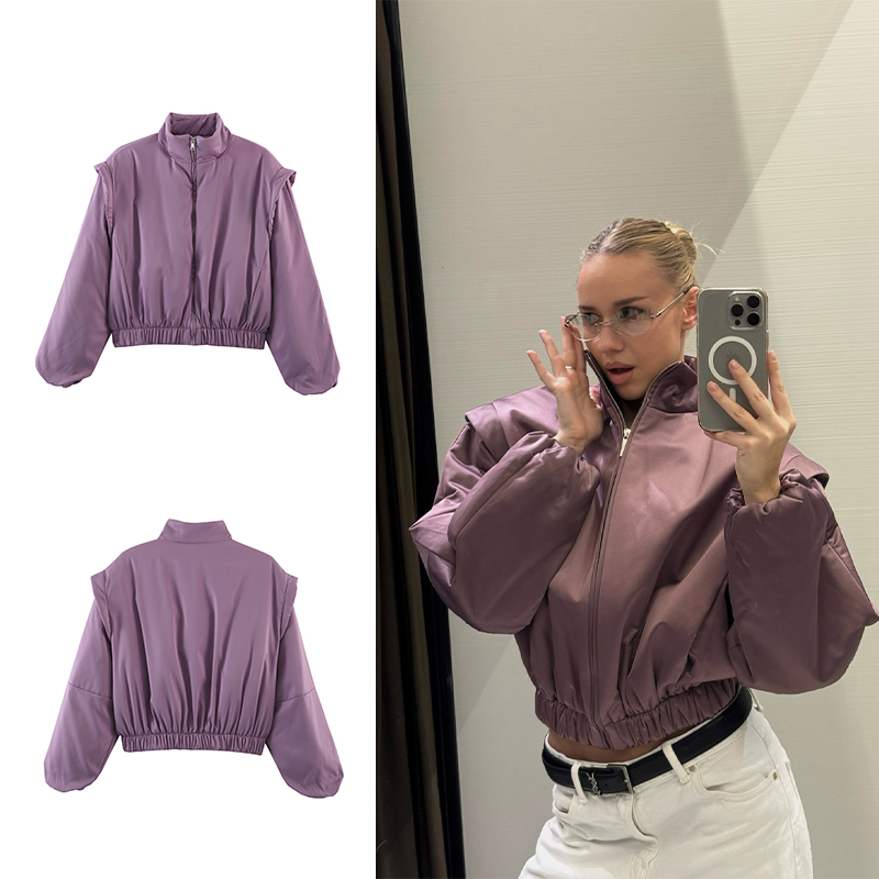 SLTNX ファッションボンバージャケット女性フクシアバブルスリーブ 7 点ジッパーカジュアルジャケット春レディースファッションストリートジャケット新