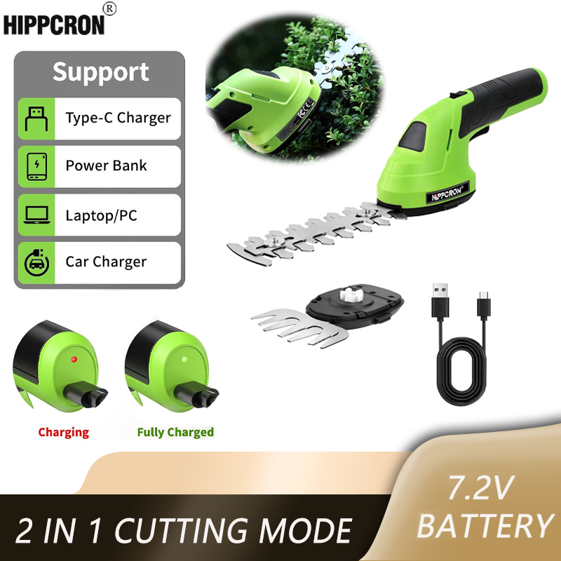 Hippcron 2-in-1 ハンドヘルド電動ヘッジトリマー小型家庭用芝刈り機軽量低木トリマーグリーンガーデンブッシュトリマー