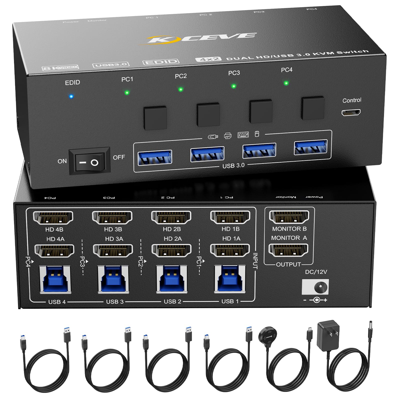 KVM スイッチ 1/2 モニター 4 コンピューター HDMI、KCEVE 8K@60Hz 4K@144Hz USB3.0 KVM スイッチボックス EDID エミュレーター付き 4 PC 1/2 モニター用