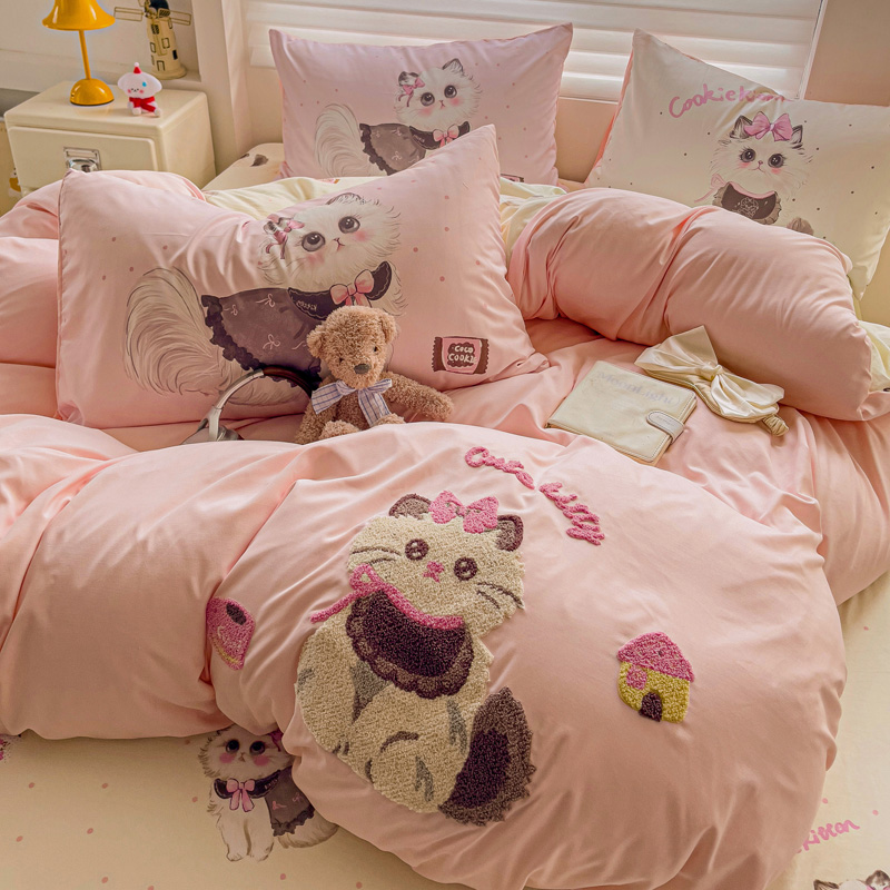 かわいいピンク漫画猫タオル刺繍女の子子供寝具セットソフト布団カバーセットベッドシート枕カバー 3/4 個