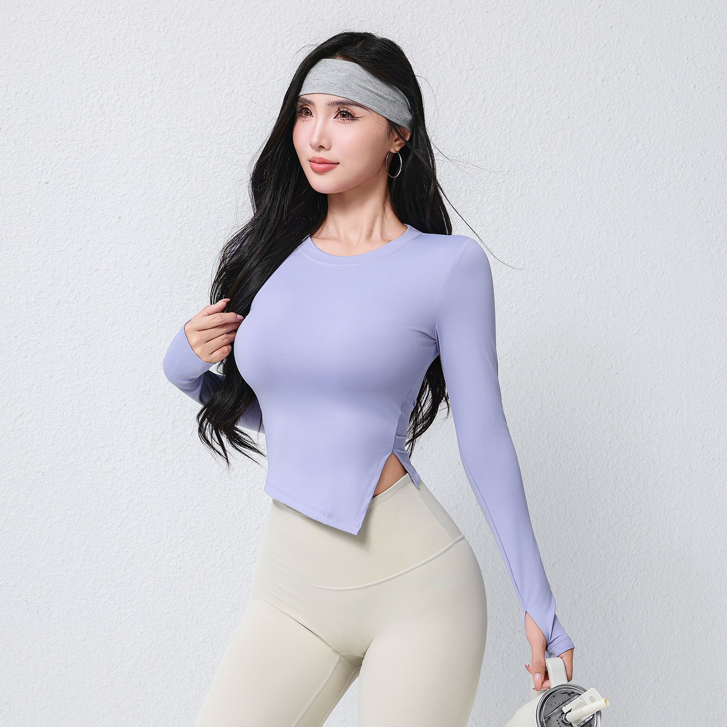 レディース スキニーフィット 長袖 Tシャツ 通気性 吸汗性 ストレッチ ジム ランニング アウトドア アクティビティ サイドカット デザイン