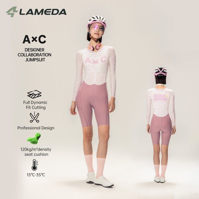 LAMEDA レディース サイクリング ジャンプスーツ 長袖 ショートパンツ ワンピース バイク スーツ 通気性 速乾性 自転車 ボディスーツ ロードライディングギア