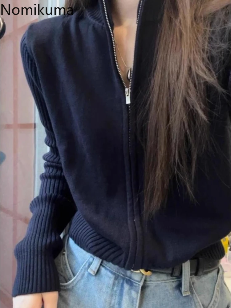 韓国黒カーディガンコート婦人服ジッパースタンドネックセーター Mujer Thicked ファッションカジュアルニットセータートップスプルファム