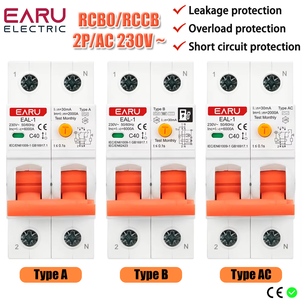 2P 30mA AC A B タイプ RCBO RCCB MCB 電子残留電流サーキットブレーカー過短電流漏れ保護 EV 充電器