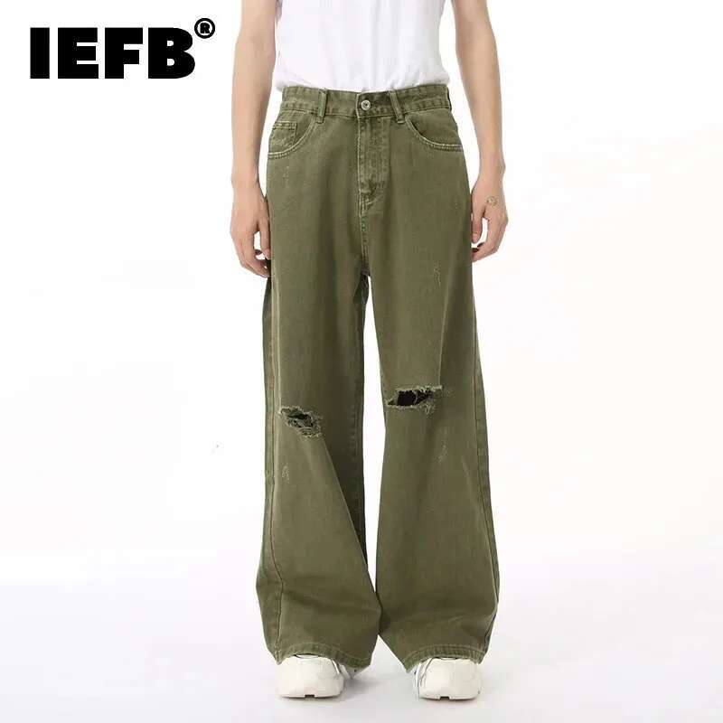 IEFB Men's Jean Vintage New Fashion Men Wear Hole Design Simple Solid Color Autumn Korean Straight Denim Pants Green 9C6950