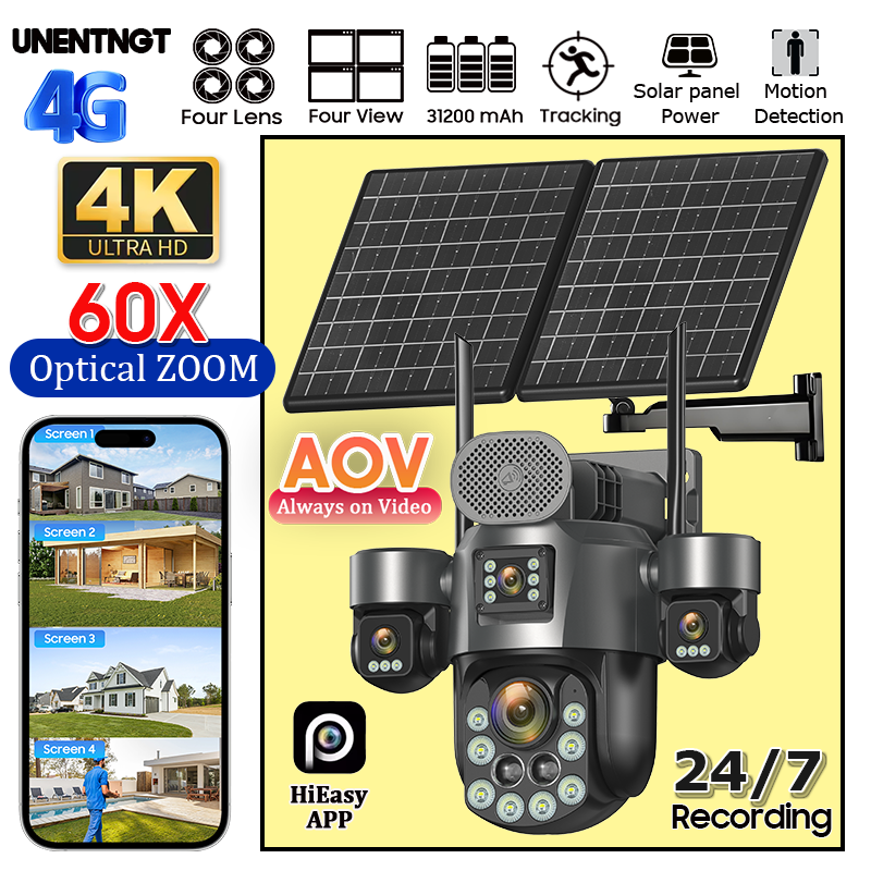 AOV 20MP 24/7 録画ソーラーカメラ 4G ホーム屋外 31200 MAh 監視 60X 光学ズーム自動追跡 4 画面セキュリティカム