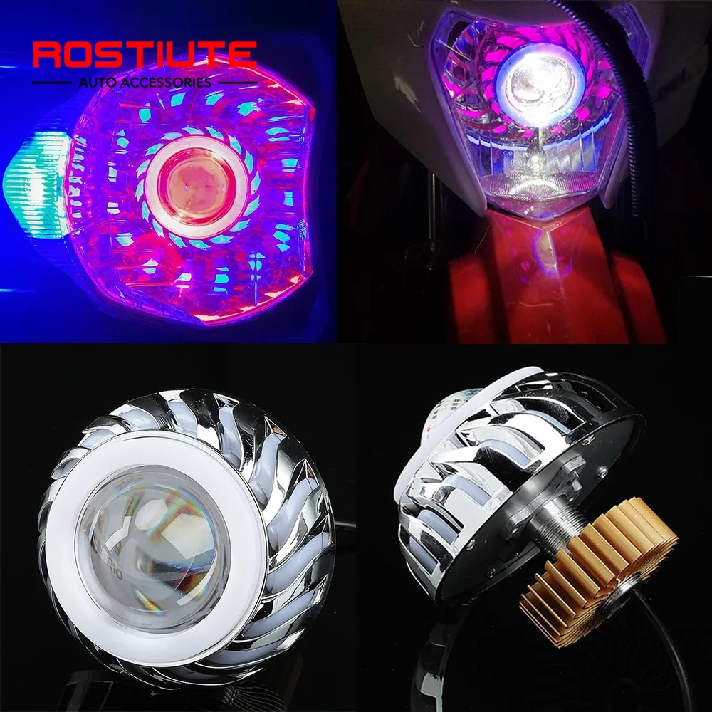 ハイ/ロービーム ダブルエンジェルアイオートバイヘッドライト追加モトスポットライトバイクデビルアイ LED プロジェクターヘッドライト