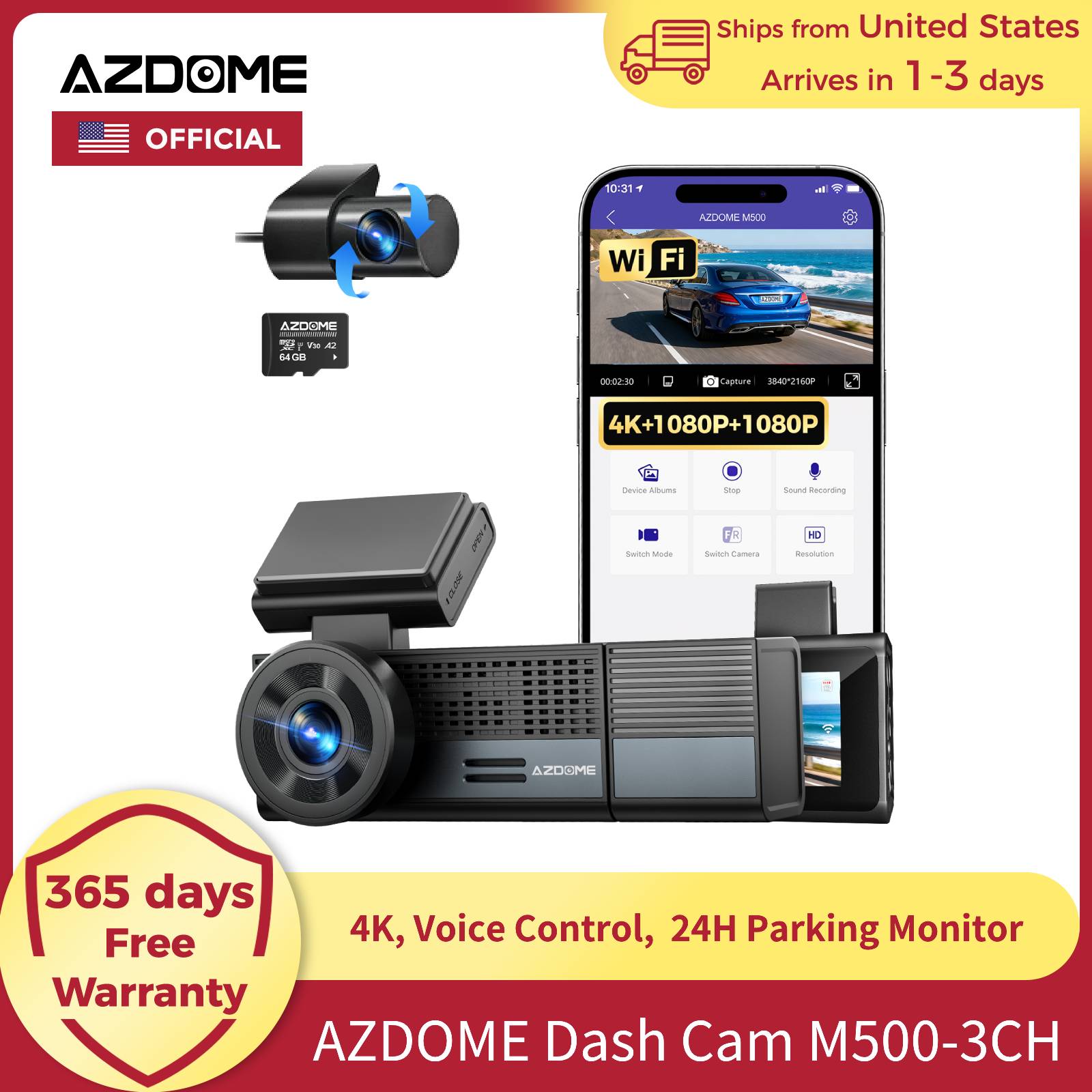 【米国倉庫】AZDOME M500 4K ダッシュカム 3 チャンネル録画 WiFi GPS 車用ダッシュカメラ 音声制御 ナイトビジョン 24 時間駐車可能