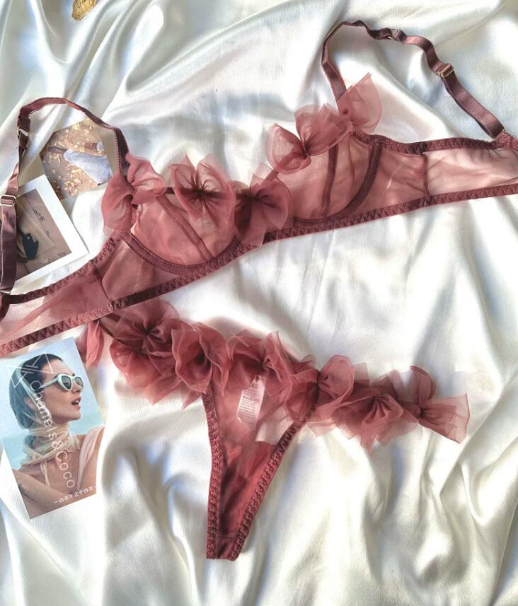 花/セクシーなメッシュランジェリー Tバックセットホット浮気ハーフカップ超薄型ブラジャー女性下着快適な女性のブラジャー