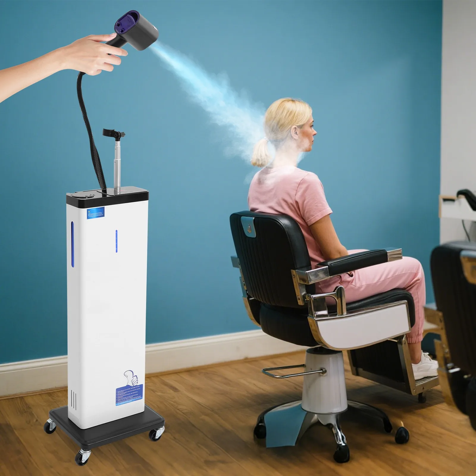 ナノミストヘアスチーマー、1300W多機能プロフェッショナルマイクロミストサロンヘアプロセッサー、360°回転ホイール付き