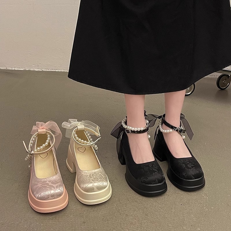 女性パンプス 2025 夏の新ピンクかわいいかわいいパールロリータハイヒールラウンドトゥプラットフォームメアリージェーンの靴女性のための