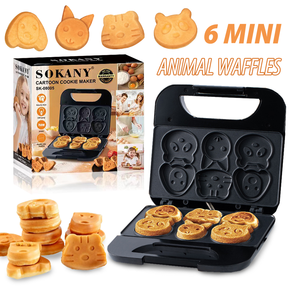 動物ミニワッフルメーカー 6 動物の形のパンケーキ朝食マシンノンスティックワッフル鉄家庭用子供大人楽しいギフト