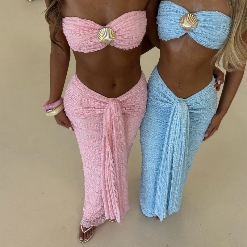 セクシーな 2 点セットクラブパーティービーチ服女性の夏のシェルストラップレスバンドゥクロップトップネクタイフロントマキシスカートコケット衣装