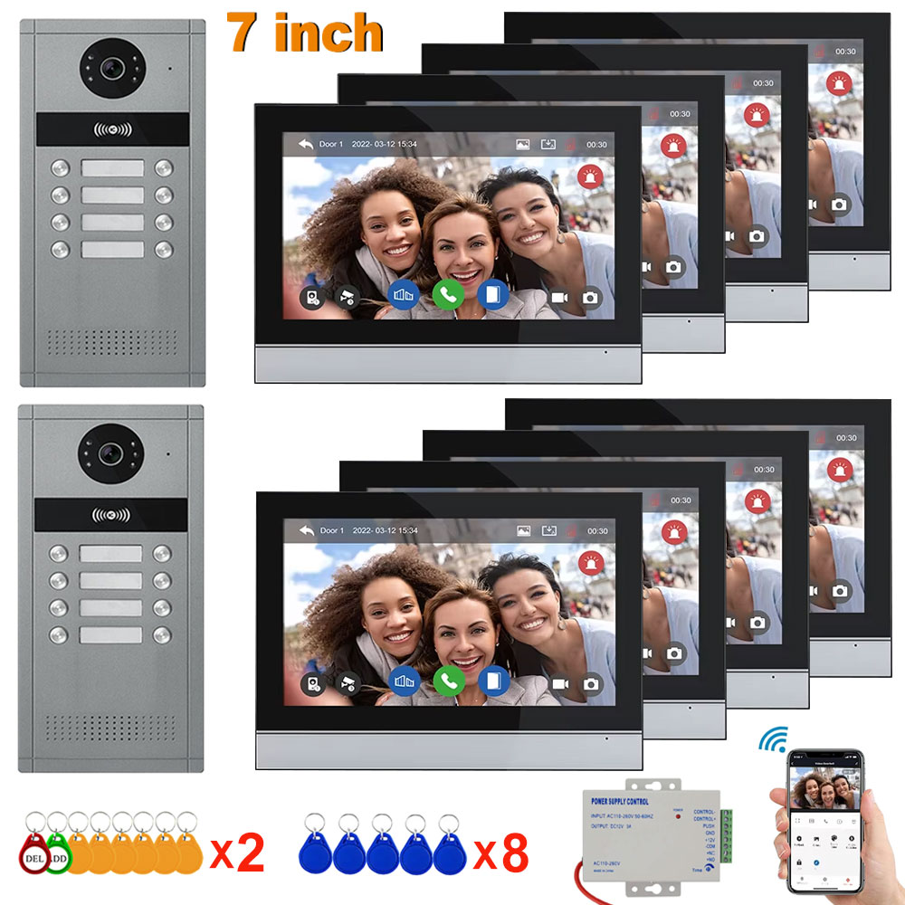 7 インチタッチスクリーンビデオドアベルインターホン 4 有線 Tuya WiFi ビデオドアホンシステム 5/6/8 ファミリーアパート用 RFID カードロック解除