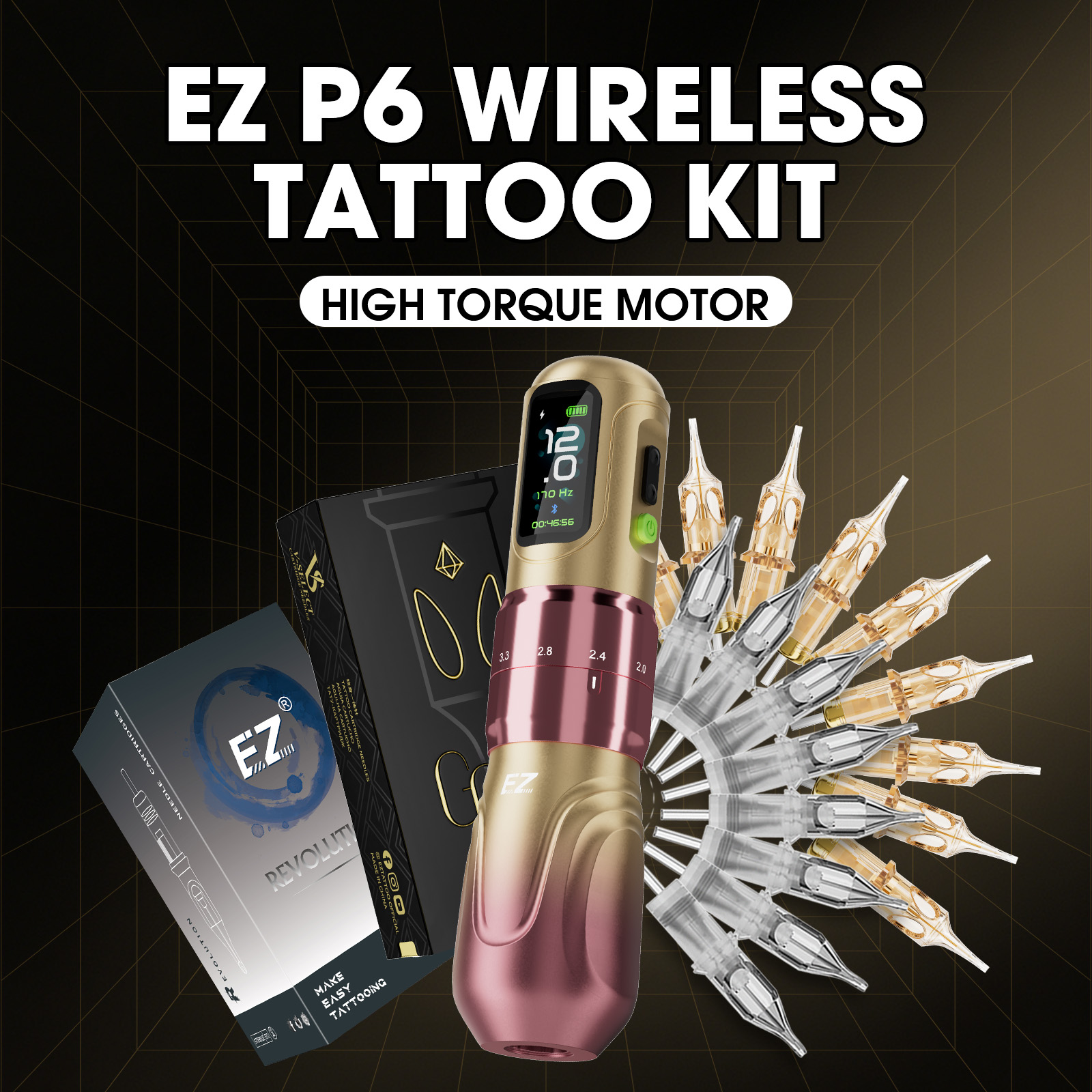 EZ P6 ワイヤレスタトゥーマシンキット調整可能なストローク高トルクモーターと 2000mAh バッテリーロータリータトゥーペン