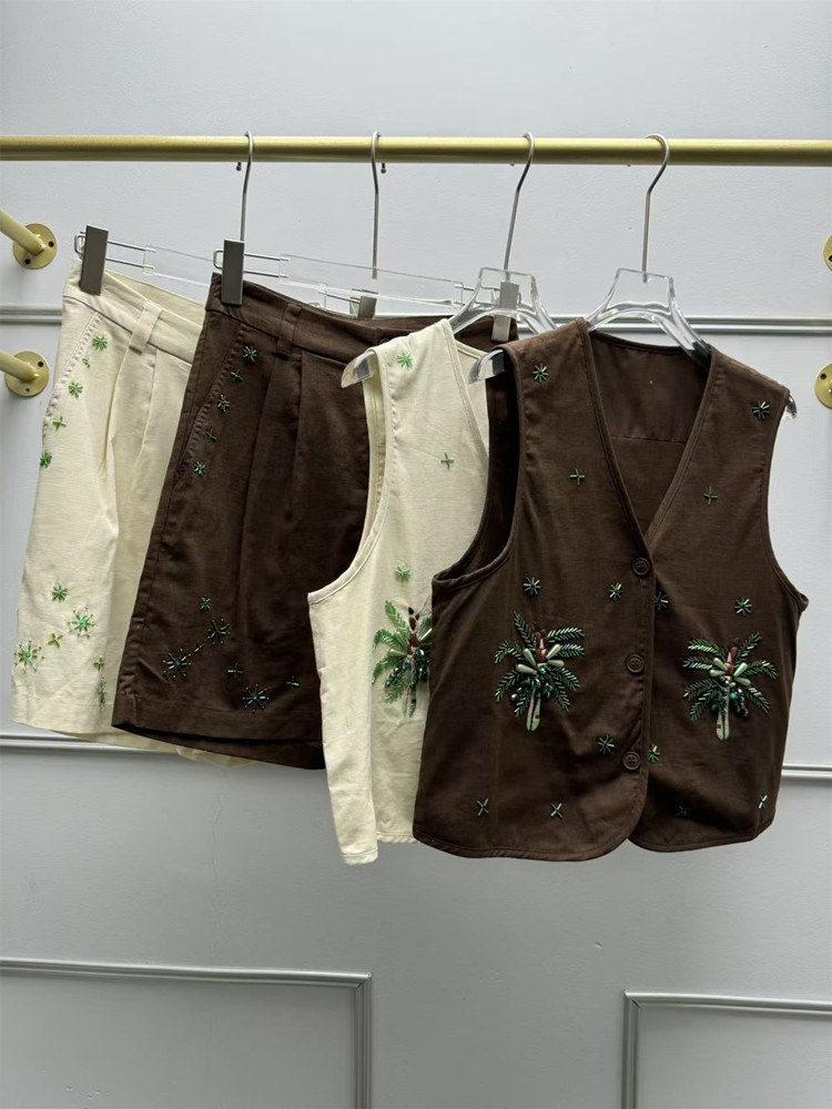 コットンリネンブレンド女性絶妙な刺繍ココナッツツリービーズベスト V ネックノースリーブタンクトップまたはハイウエストショーツ