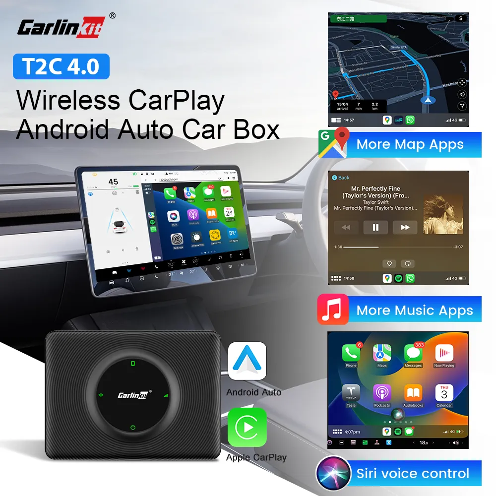 T2C CarlinKit ワイヤレス CarPlay Android 自動テスラモデル 3/Y WiFi Bluetooth ワイヤレス自動接続 Spotify Waze スマートカーボックス