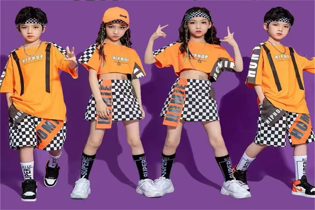 子供用オレンジグリッドヒップホップダンスセットボーイズストリートダンススポーツウェアチアリーダー子供グリッドパフォーマンス衣装