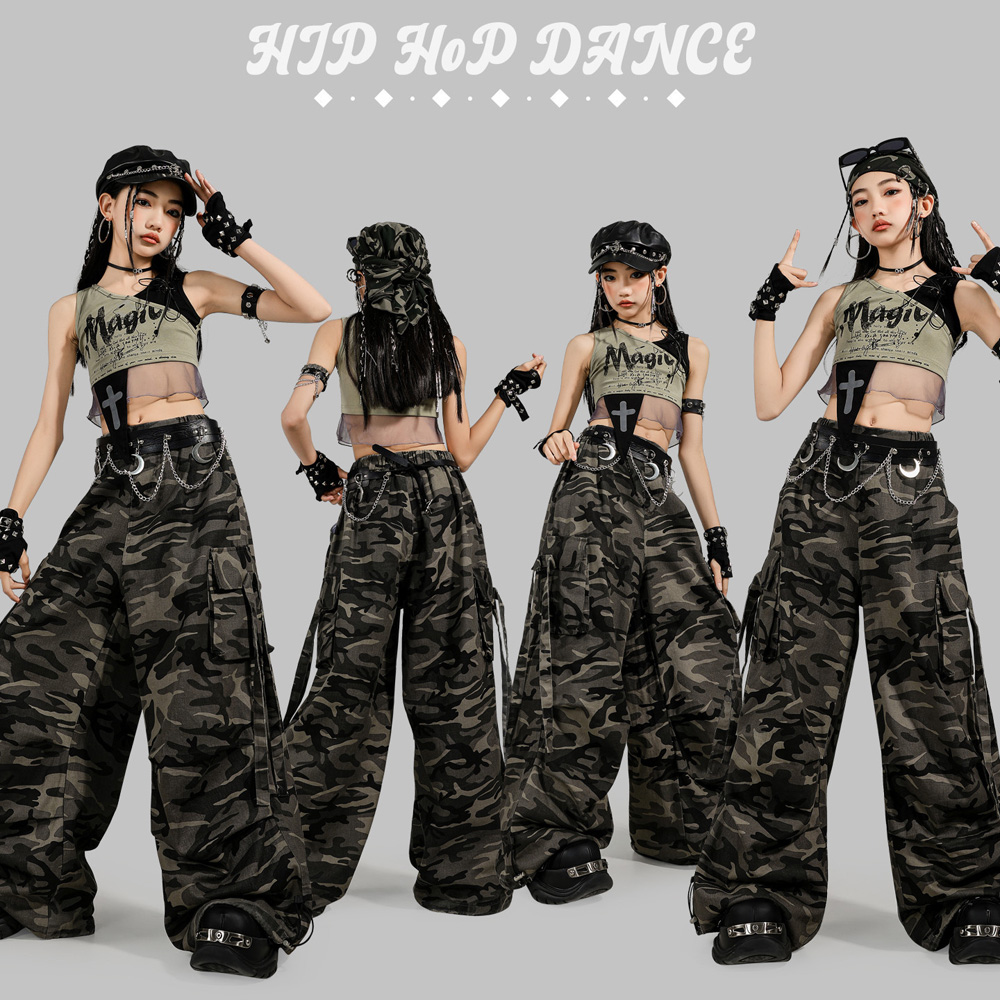 子供モダンダンス服女の子ジャズダンストップス迷彩パンツへそパフォーマンススーツ子供 Kpop グループステージ衣装