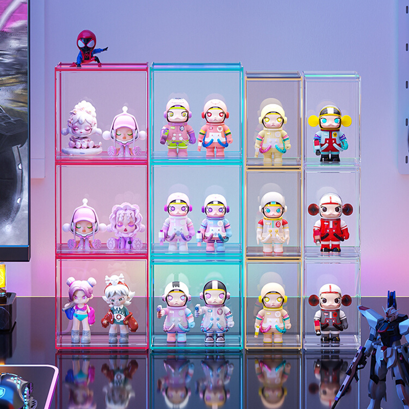 アクリルディスプレイボックスカラーディスプレイケースファンコフィギュア用、積み重ね可能組み立て防塵収納オーガナイザーボックスグッズおもちゃ用