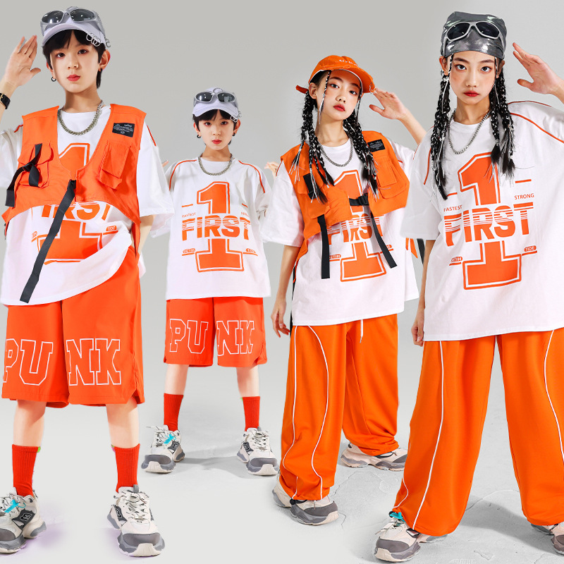 子供ヒップホップ服セット固体ベスト Tシャツベストショーツカーゴパンツ少年ストリートダンス衣装少女ジャズモダンダンススーツ