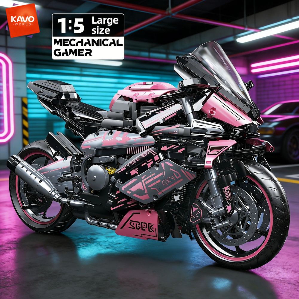 KAVOWORLD 2096 個ピンクオートバイビルディングブロックセット 1:5 スーパーバイクモデルキットテクニカルレーシング STEM 組み立ておもちゃギフト