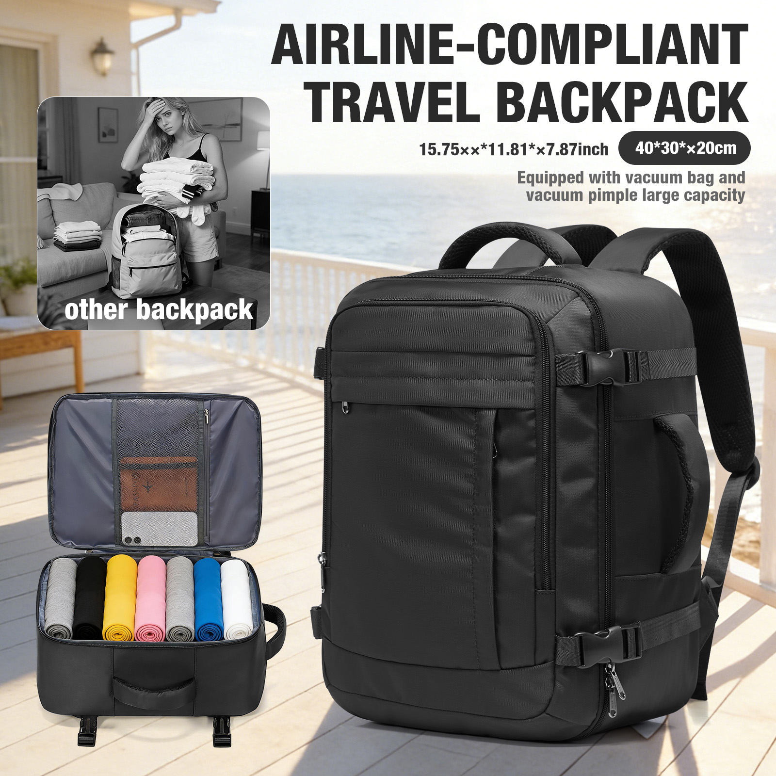 衣類収納バッグ トラベルパッキング、ライアンエアー手荷物 40x30x20、航空会社トートバッグ、男性用ラップトップリュックサック収納トラベルバックパック