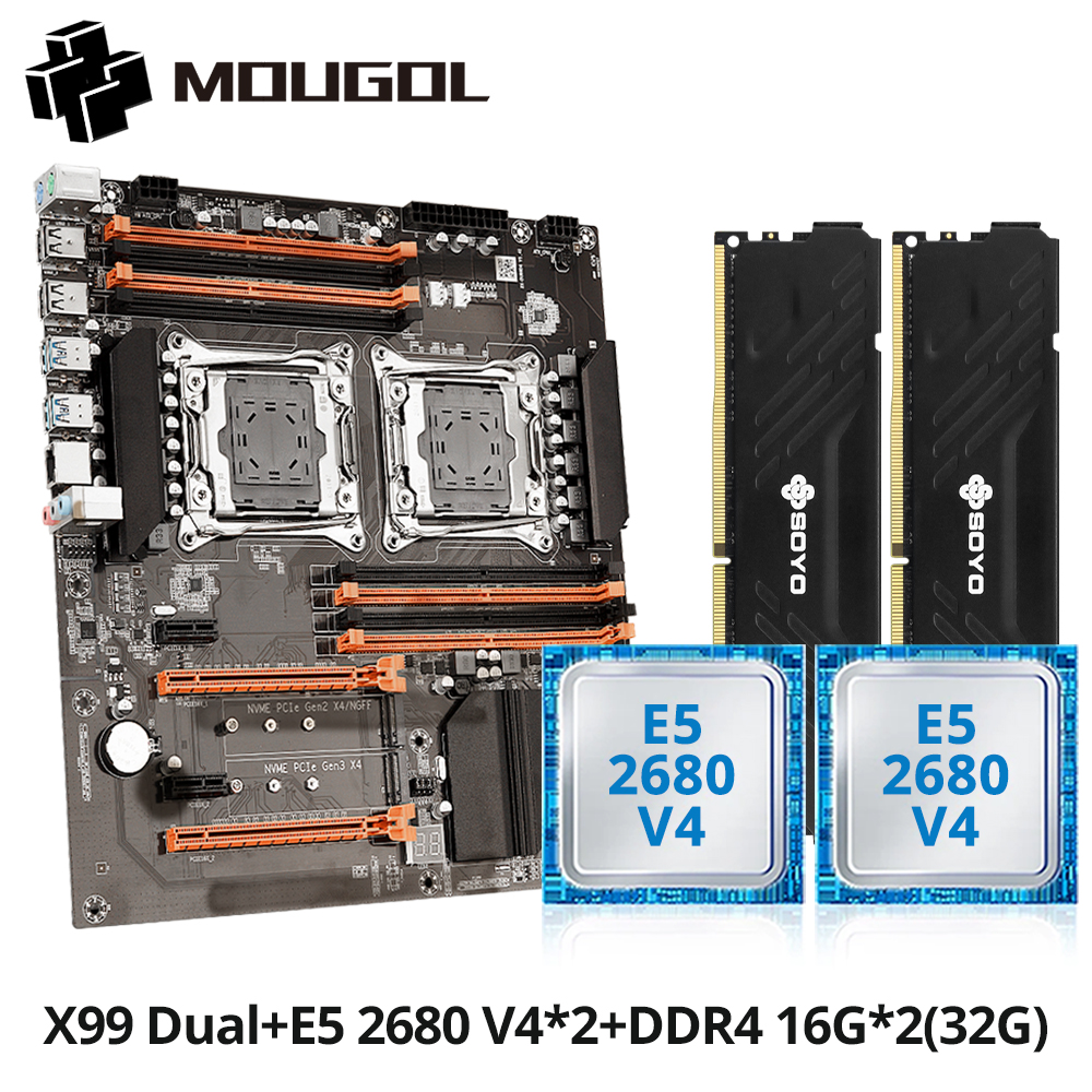 MOUGOl X99 Dual CPU Gaming Motherboard Set lntel Xeon E5 2680 V4&DDR4 32GB (2*16GB) LGA2011-3 M.2 NVME for Server Computer Host