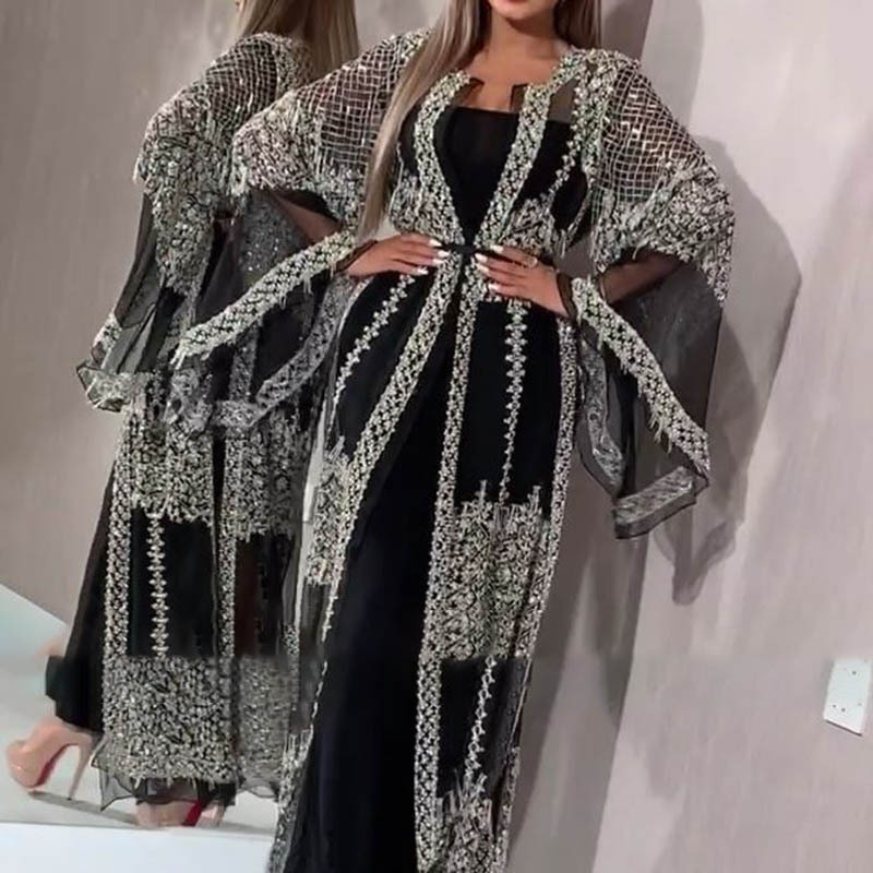 2025 アバヤドバイイスラム教徒の高級ドレス高級刺繍レーススパンコールラマダンカフタンイスラアフリカ服 2 点セット