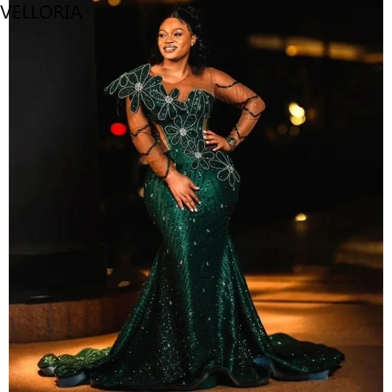 Green Sequin Mermaid Evening Gown African Women Sheer Long Sleeve 3D Flower Applique Party Dress Bodycon Prom Gown Customized