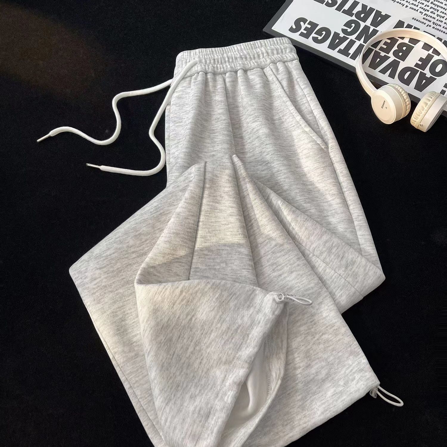 レトロファッションルーズストレートレッグカジュアルパンツ原宿ストリートウェア女性だぶだぶのパンツハイウエスト巾着固体スポーツパンツ
