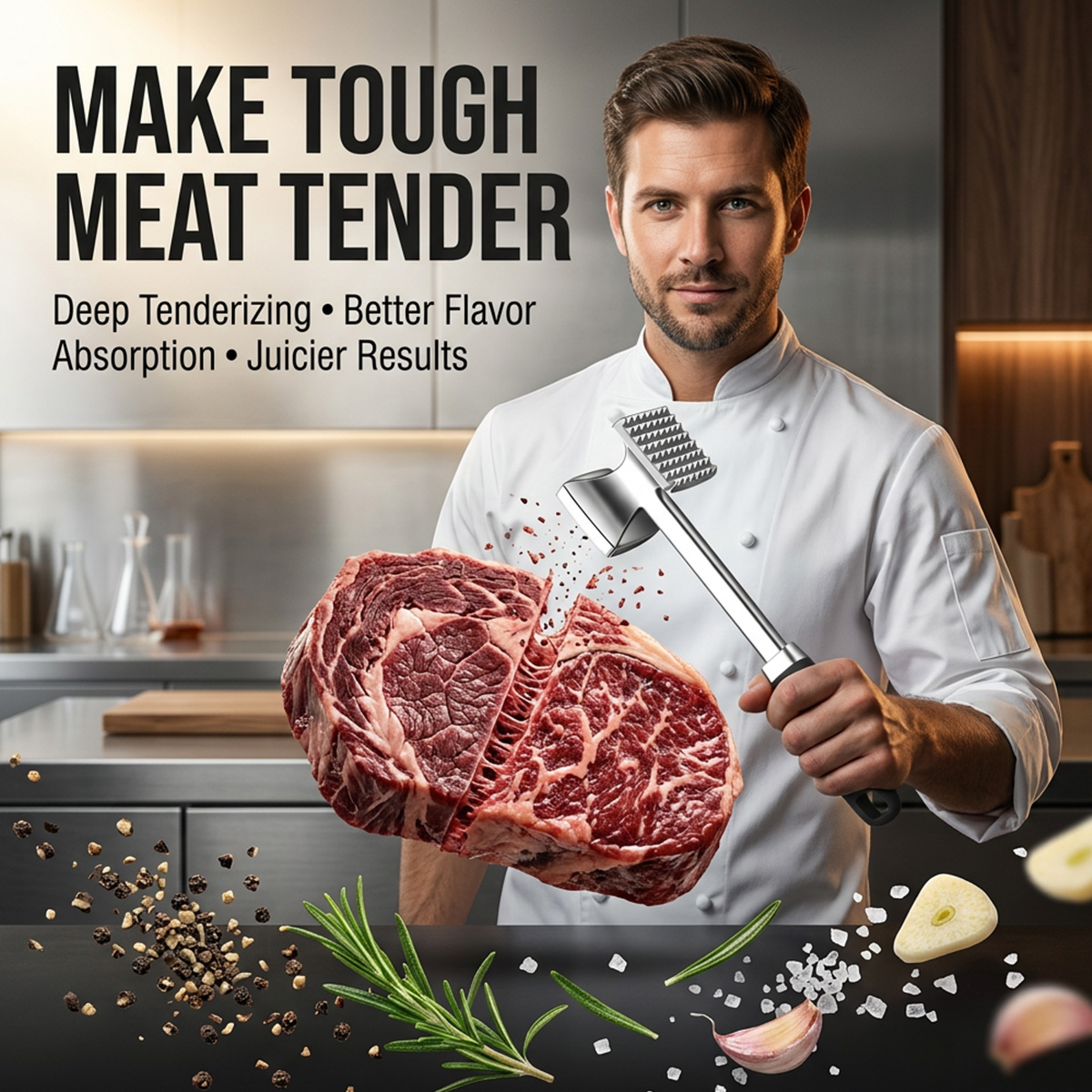 Heavy Duty Kitchen Meat Tenderizer Hammer with Rubber Grip, Stainless Steel Head for Effortless Pounding and Tenderizing