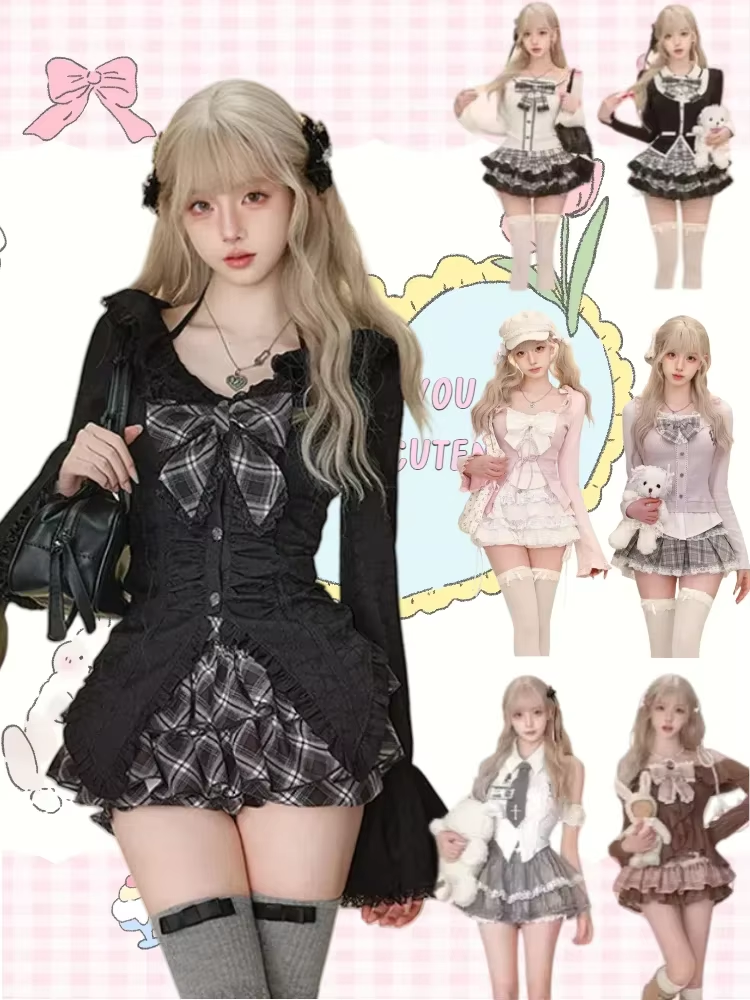 和菓子プレッピースタイル 2 点セット女性かわいいレースパッチワークリボントップス Y2k チェック柄ミニスカートエレガントなファッション衣装新しい