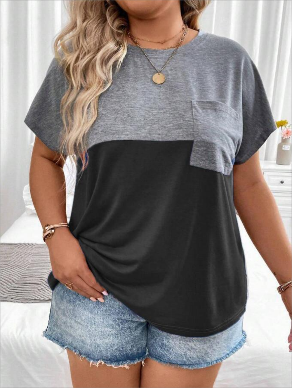 プラスサイズのヨーロッパとアメリカのクロスボーダー新しい女性のルーズ半袖パッチワークポケット Tシャツトップ
