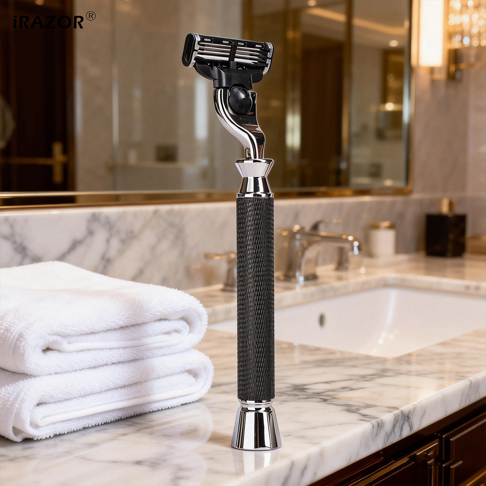 iRAZOR Men's Manual Shaving Razor Black Textured Non-Slip Handle Compatible with Mach 3 Blade Cartridge for Smooth Shave