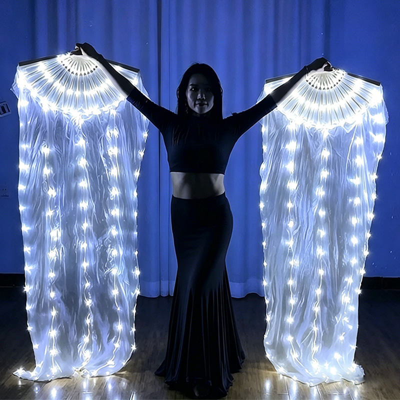 卸売 LED ライトアップファン左右ハンドシルク扇子ペア光るベリーダンスファンステージパフォーマンス蛍光小道具