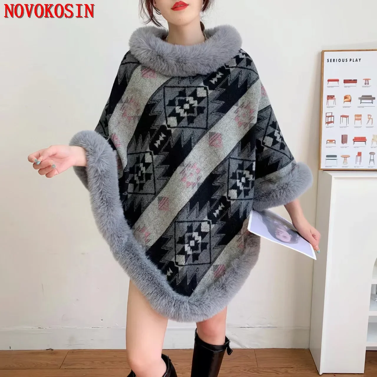 6 色の女性の新ルーズストリートプリントポンチョマント冬ベルベット暖かい O ネックフェイクラビットファー女性プルオーバーショールコート