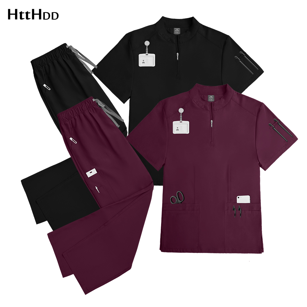 スタンドカラー半袖ジッパー外科病院ナース作業服美容院スクラブ制服セット動物病院制服