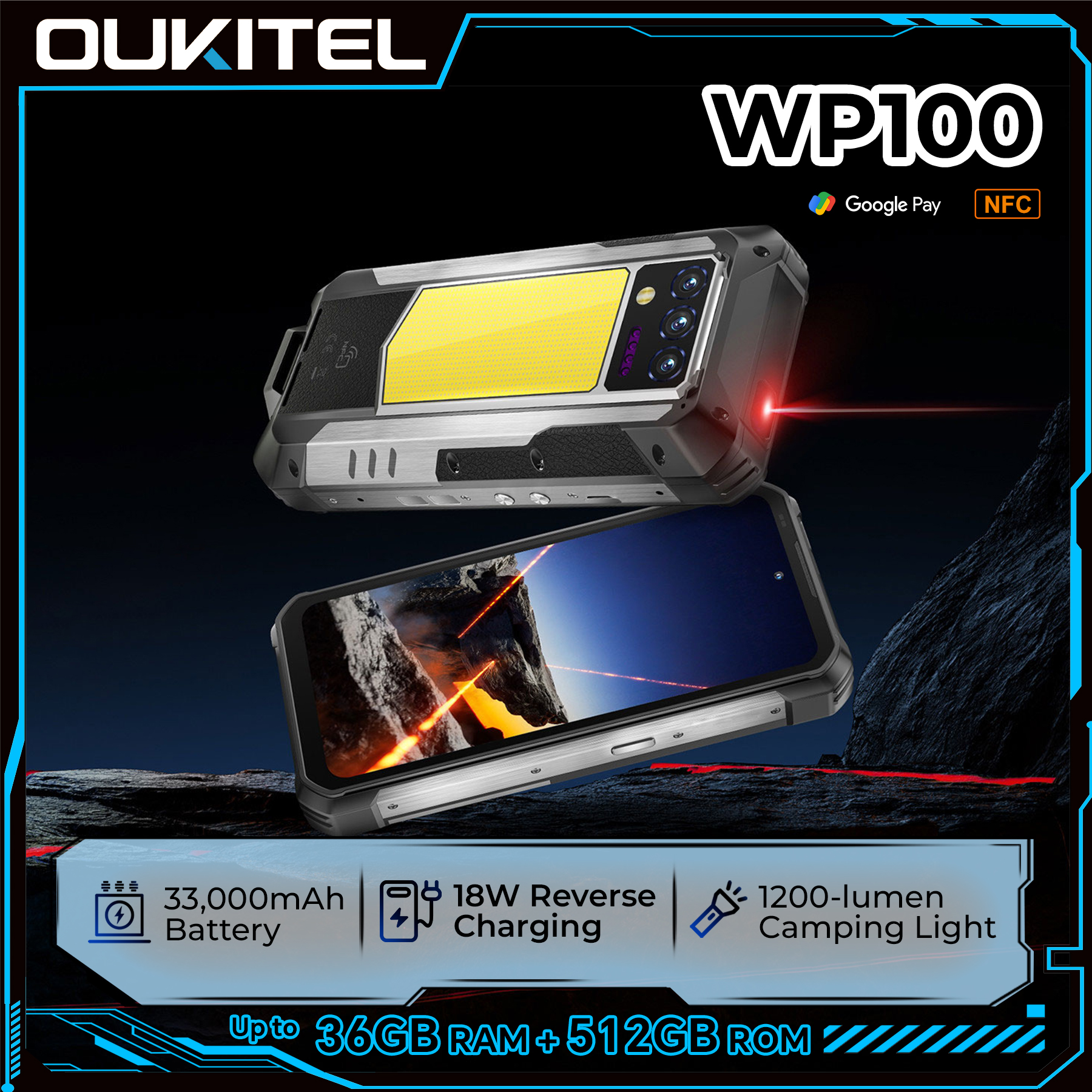OUKITEL WP100 頑丈な携帯電話 - 33000mAh、レーザー距離計、キャンプライト、200MP、36GB 512GB、6.8インチ FHD、NFC GPS 5G スマートフォン