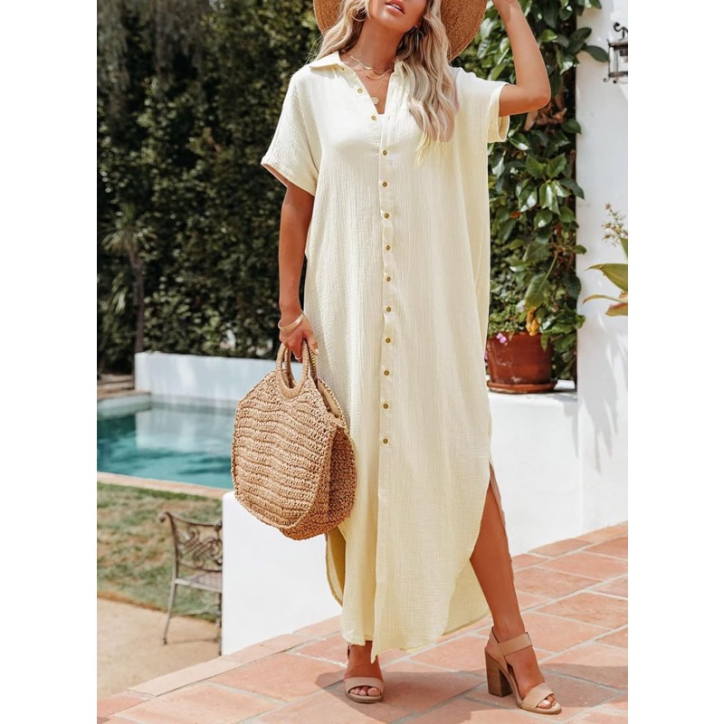 2026 Womens Casual Short Sleeve Side Split Button Down Long Kimonos Cardigans Swimsuit Cover Ups Women Summer Beach Shirt Dress