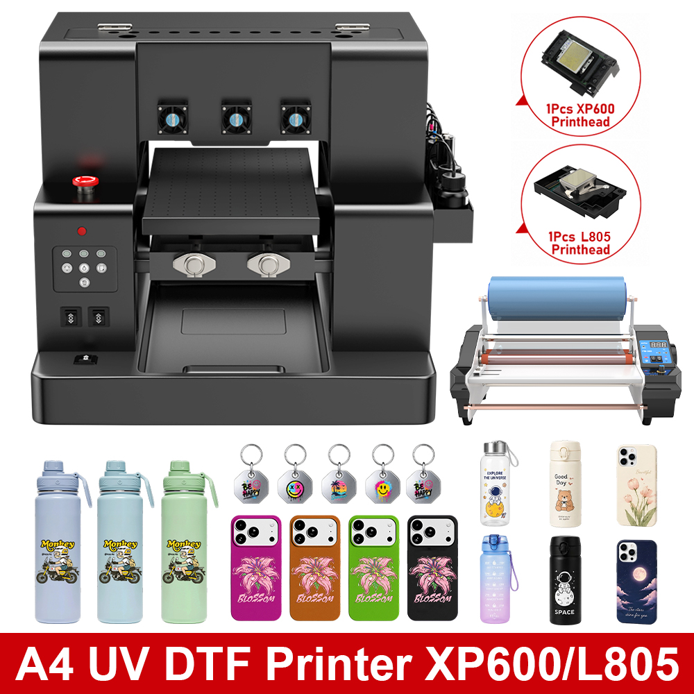 A4 UV DTF プリンタ、ワニス L805 XP600 ロータリー UV フラットベッド印刷機、シリンダーボトル、電話ケース、AB フィルムステッカー用