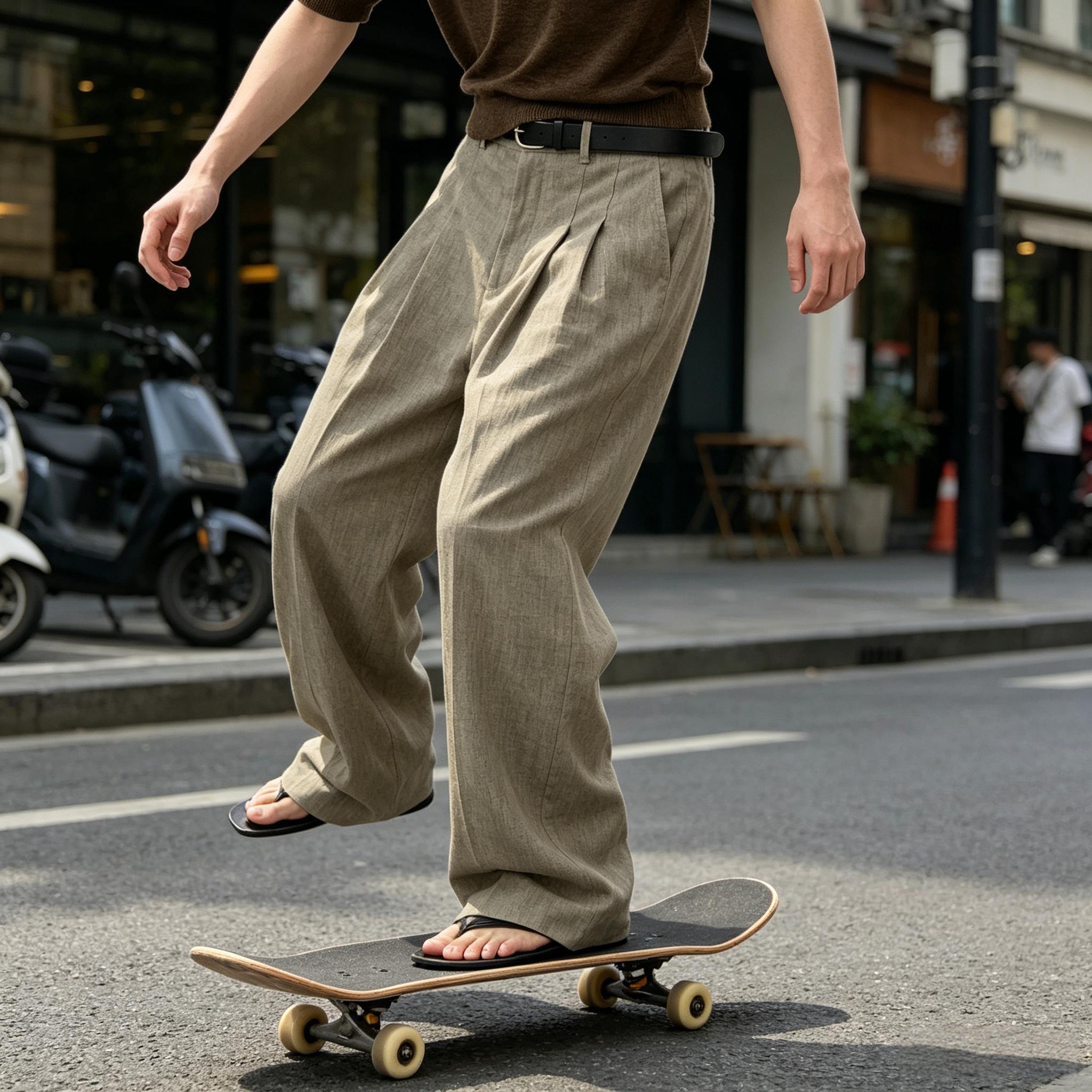男性リネンワイドレッグパンツハイウエストプリーツカジュアルパンツ通気性ルーズストレートスーツパンツストリート