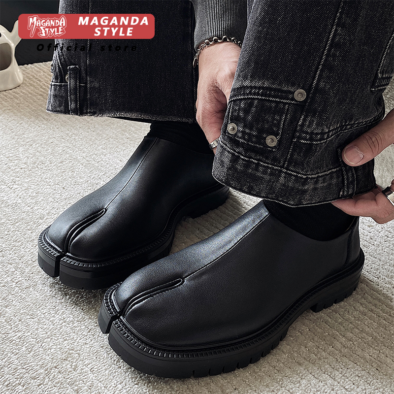 Maganad 足袋バブーシュローファーフラットシューズ女性と男性のカップル靴分割つま先本革黒フラットシューズ