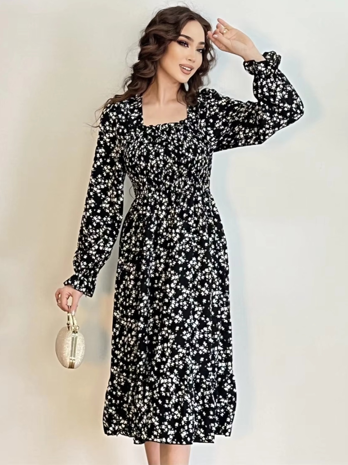 長袖カジュアルドレス女性シフォンドレス秋春 A ラインプリント花弾性胸レースアップミディドレス Vestidos