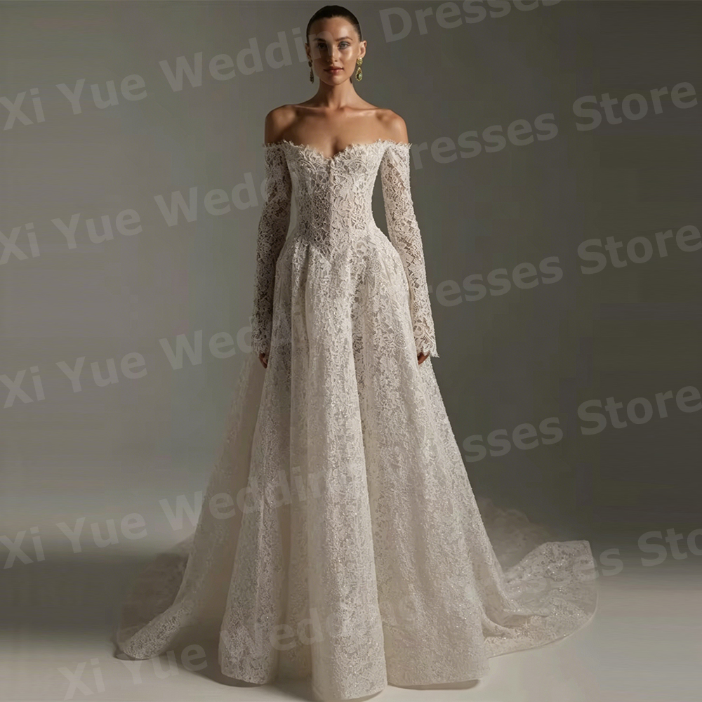 豪華な A ラインの女性のレース長袖オフショルダーのウェディングドレス Vestido デノビアの花嫁ドレスカスタマイズされたローブデマリー