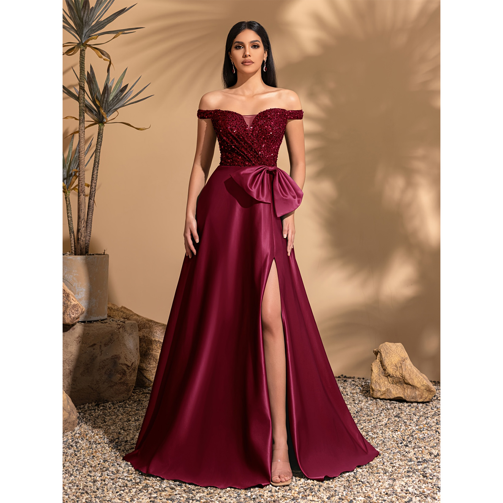 Off-the-shoulder sequined satin elegant dress with bow at waist