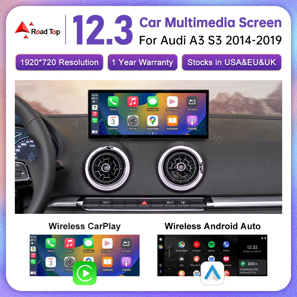 新しい 12.3 "Linux スクリーンアウディ A3 S3 2014-2019 車マルチメディアサポートワイヤレス CarPlay Android 自動 Airplay ラジオ GPS プレーヤー