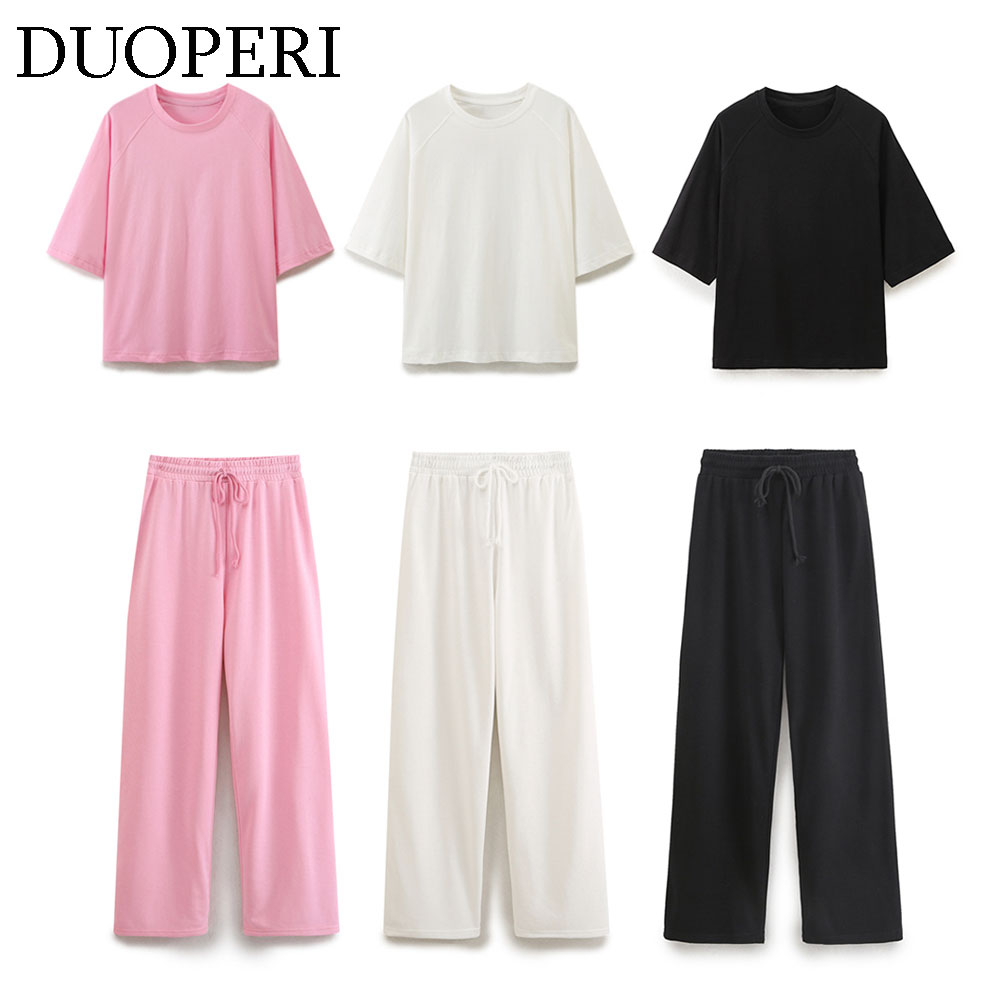 DUOPERI 女性ファッション 2 個セットソリッドルーズ Tシャツと高弾性ウエストズボン女性シックなレディカジュアルパンツコーディネート